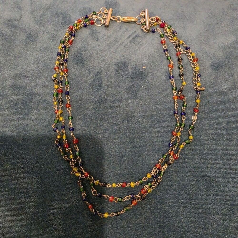 Boho Multi Strand Beaded Choker Necklace Rainbow Colors Wire Wrapped 15 Inch